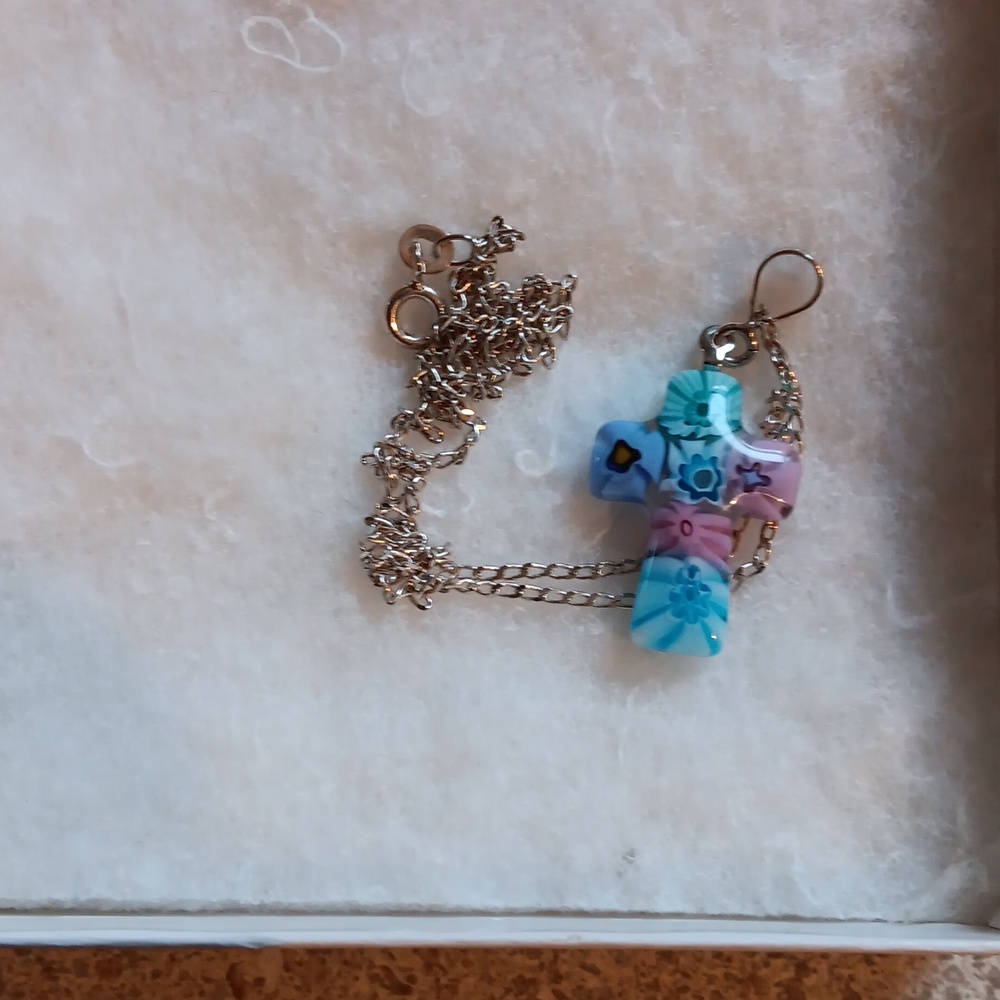 Murano Colorful 1" Cross Pendant Necklace 18" 925 Silver Chain.